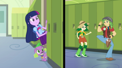 Size: 1020x568 | Tagged: safe, derpibooru import, screencap, spike, sweet leaf, twilight sparkle, equestria girls, background human