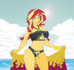 Size: 3828x3628 | Tagged: safe, artist:chuyryu, sunset shimmer, better together, equestria girls, forgotten friendship, belly button, black swimsuit, breasts, clothes, cutie mark swimsuit, female, jeweled swimsuit, solo, sunset jiggler, swimsuit