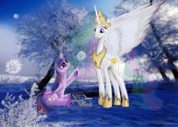 Size: 1280x914 | Tagged: safe, artist:dragontwi, artist:empress-twilight, princess celestia, twilight sparkle, twilight sparkle (alicorn), alicorn, deer, pony, female, mare, off model, winter