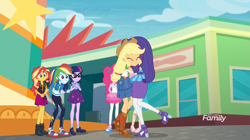 Size: 1365x767 | Tagged: safe, derpibooru import, screencap, applejack, pinkie pie, rainbow dash, rarity, sci-twi, sunset shimmer, twilight sparkle, better together, equestria girls, rollercoaster of friendship, converse, geode of empathy, geode of sugar bombs, geode of super speed, hug, magical geodes, shipping fuel, shoes