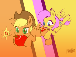 Size: 2800x2100 | Tagged: safe, artist:tunairs, applejack, fluttershy, bat pony, pony, bats!, apple, applebat, appleshy, biting, butt bite, female, flutterbat, flutterbat biting applejack, lesbian, race swap, shipping