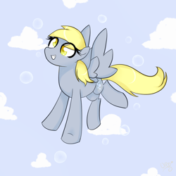 Size: 1000x1000 | Tagged: safe, artist:ultrard, derpy hooves, pegasus, pony, blue background, bubble, cloud, colored pupils, female, flying, mare, simple background, solo