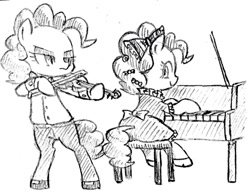 Size: 1024x785 | Tagged: safe, artist:tebasaki, pinkie pie, earth pony, pony, semi-anthro, bow, clothes, dexterous hooves, dress, duality, famihara, grayscale, hair bow, hoof shoes, monochrome, pants, piano, shirt, simple background, violin