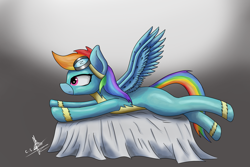 Size: 3000x2000 | Tagged: safe, artist:ironbeastz, derpibooru import, rainbow dash, pegasus, pony, clothes, goggles, high res, prone, signature, simple background, solo, uniform, wonderbolts uniform