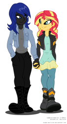 Size: 800x1471 | Tagged: safe, artist:niban-destikim, sunset shimmer, oc, oc:midnight storm, fanfic:the witching hour, equestria girls, canon x oc, clothes, commission, dating, equestria girls-ified, female, holding hands, jacket, lesbian, looking at each other, shipping, shirt, simple background, smiling, transparent background, walking