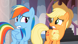 Size: 1920x1080 | Tagged: safe, derpibooru import, screencap, applejack, rainbow dash, earth pony, pegasus, pony, non-compete clause, duo, nervous, scared, school of friendship, shocked, uh oh