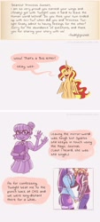 Size: 1280x2842 | Tagged: safe, artist:overlordneon, sci-twi, sunset shimmer, twilight sparkle, alicorn, human, equestria girls, alicornified, alternate costumes, answer, blushing, clothes, crystal prep academy uniform, female, human sunset, imminent kissing, lesbian, letter, question, race swap, school uniform, shimmercorn, shipping, sunsetsparkle