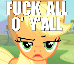 Size: 700x600 | Tagged: safe, applejack, earth pony, pony, bats!, bedroom eyes, caption, image macro, reaction image, solo, unhappy, upset, vulgar, y'all