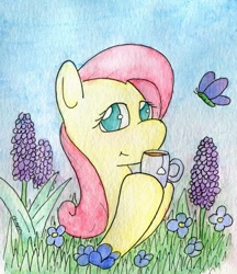 Size: 750x870 | Tagged: safe, artist:phano, fluttershy, butterfly, pegasus, pony, flower, solo, tea, traditional art