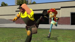 Size: 1024x576 | Tagged: safe, artist:lanceolleyfrie, sunset shimmer, equestria girls, 3d, angry, chase, crossover, engineer, frying pan, gmod, team fortress 2