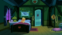 Size: 968x545 | Tagged: safe, screencap, applejack, earth pony, pony, the cutie pox, bed, bedroom, eyes closed, on back, sleeping, smiling, solo