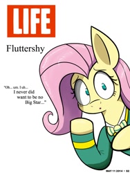 Size: 900x1200 | Tagged: safe, artist:heir-of-rick, fluttershy, pegasus, pony, filli vanilli, flutterguy, life, magazine cover, parody, ponytones outfit, solo