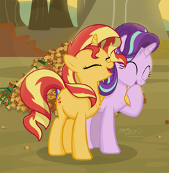 Size: 2511x2587 | Tagged: safe, artist:shutterflyeqd, starlight glimmer, sunset shimmer, pony, unicorn, autumn, chest fluff, cute, duo, eyes closed, female, friendshipping, glimmerbetes, laughing, leaf pile, leaves, mare, open mouth, raised hoof, rake, shimmerbetes