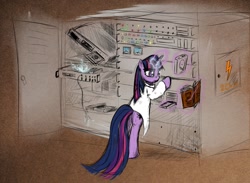 Size: 1045x765 | Tagged: safe, artist:spacehunt, derpibooru import, twilight sparkle, computer, hdd, mainframe, paper, repair, science, server, solo, technician