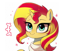 Size: 1000x800 | Tagged: safe, artist:9seconds, sunset shimmer, pony, unicorn, bust, clothes, cute, female, mare, portrait, scarf, shimmerbetes, simple background, smiling, solo, white background