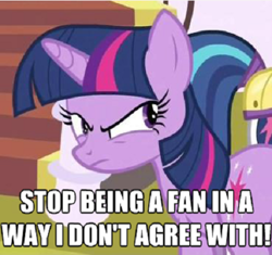 Size: 442x415 | Tagged: safe, derpibooru import, twilight sparkle, angry, image macro, impact font, looking back, plot, text