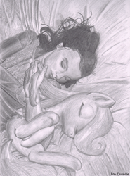 Size: 600x813 | Tagged: safe, artist:foudubulbe, fluttershy, human, bed, bjork, filly, monochrome, parody, photo, sleeping, traditional art, younger