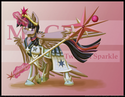 Size: 900x700 | Tagged: safe, artist:inuhoshi-to-darkpen, derpibooru import, twilight sparkle, twilight sparkle (alicorn), alicorn, pony, armor, female, magical girl lyrical nanoha, mare, parody, staff