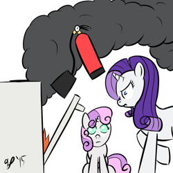 Size: 900x900 | Tagged: safe, artist:halflingpony, rarity, sweetie belle, pony, unicorn, cooking, fire, fire extinguisher, food, oven, smoke, sweetie belle can't cook, sweetie fail