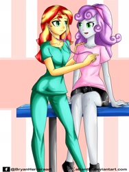 Size: 1536x2048 | Tagged: safe, artist:attentte, sunset shimmer, sweetie belle, equestria girls, clothes, commission, converse, duo, duo female, female, listening, looking at each other, nurse, nurse outfit, nurse shimmer, older, older sweetie belle, open mouth, pants, scrubs, shirt, shoes, shorts, sitting, standing, stethoscope