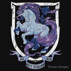 Size: 550x550 | Tagged: safe, artist:prismic-designs, rarity, crystal pony, pony, unicorn, black background, borderlands 2, butt stallion, clothes, coat of arms, crystallized, heraldry, iphone case, motto, poster, redbubble, simple background, solo, sticker, t-shirt