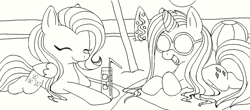 Size: 900x395 | Tagged: safe, artist:redfirestar, fluttershy, rarity, pegasus, pony, unicorn, alternate hairstyle, beach, glasses, monochrome, surfboard