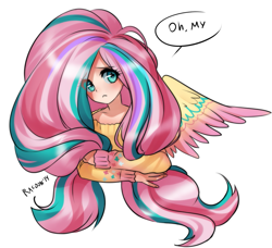 Size: 927x847 | Tagged: safe, artist:racoonsan, fluttershy, human, twilight's kingdom, :<, big hair, blushing, clothes, female, frown, humanized, long hair, long mane, looking at you, oh my, rainbow power, solo, spread wings, sweater, sweatershy, winged humanization