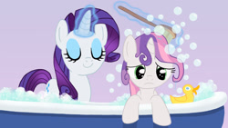 Size: 1920x1080 | Tagged: safe, artist:narfpinky, rarity, sweetie belle, pony, unicorn, bath, bathtub, brush, brushie, bubble, bubble bath, c:, claw foot bathtub, cute, eyes closed, frown, levitation, magic, rubber duck, sad, scrubbing, sisters, smiling, telekinesis, wet, wet mane