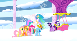 Size: 1099x597 | Tagged: safe, derpibooru import, screencap, applejack, fluttershy, pinkie pie, princess celestia, rainbow dash, rarity, twilight sparkle, alicorn, earth pony, pegasus, pony, unicorn, sonic rainboom (episode), mane six