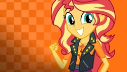 Size: 1273x717 | Tagged: safe, sunset shimmer, equestria girls, equestria girls series, choose sunset shimmer, choose your own ending (season 1), clothes, cute, cyoa, female, fist, geode of empathy, official, shimmerbetes, smiling, solo