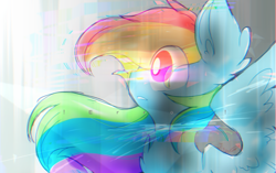 Size: 900x566 | Tagged: safe, artist:jisuppe, derpibooru import, rainbow dash, pegasus, pony, abstract background, chest fluff, female, mare, signature, solo