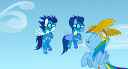 Size: 1099x597 | Tagged: safe, derpibooru import, screencap, rainbow dash, soarin', wave chill, pegasus, pony, sonic rainboom (episode), female, goggles, male, mare, stallion, wonderbolts uniform