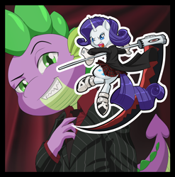 Size: 1000x1012 | Tagged: safe, artist:dstears, rarity, spike, dragon, pony, unicorn, bipedal, soul eater, soul evans