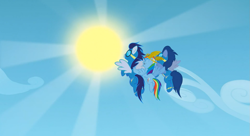 Size: 1099x597 | Tagged: safe, derpibooru import, screencap, rainbow dash, soarin', wave chill, pegasus, pony, sonic rainboom (episode), butt, female, goggles, male, mare, plot, stallion, wonderbolts, wonderbolts uniform