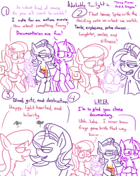 Size: 1280x1611 | Tagged: safe, artist:adorkabletwilightandfriends, lily, lily valley, spike, starlight glimmer, twilight sparkle, twilight sparkle (alicorn), alicorn, dragon, earth pony, pony, unicorn, comic:adorkable twilight and friends, adorkable, adorkable twilight, comic, cute, dork, electricity, food, humor, lineart, movie night, popcorn, sitting, slice of life, snacks, sofa