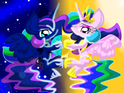 Size: 1600x1200 | Tagged: safe, artist:lovehtf421, princess celestia, princess luna, alicorn, pony, impossibly large ears, moon, sun, tangible heavenly object