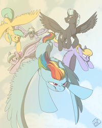 Size: 2000x2500 | Tagged: safe, artist:glitterstar2000, derpibooru import, cloud kicker, cloudchaser, flitter, rainbow dash, sunshower raindrops, thunderlane, pegasus, pony, female, flying, goggles, male, mare, stallion