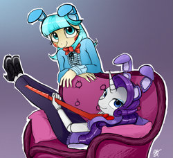 Size: 987x900 | Tagged: safe, artist:supermare, coco pommel, rarity, anthro, bonnie, cosplay, five nights at freddy's, toy bonnie
