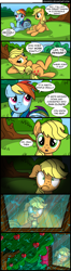 Size: 800x3029 | Tagged: dead source, safe, artist:veggie55, derpibooru import, applejack, rainbow dash, earth pony, pegasus, pony, apple, apple tree, comic, female, frown, horrified, mare, rain, sitting, toilet humor, tree, wide eyes