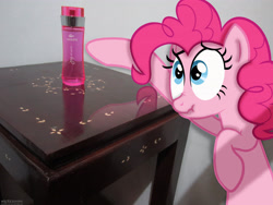 Size: 4320x3240 | Tagged: safe, artist:mrchezco1995, artist:rainbowplasma, pinkie pie, irl, perfume, photo, ponies in real life, reflection, scrunchy face, shadow, solo, vector