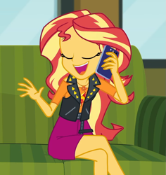 Size: 717x760 | Tagged: safe, screencap, sunset shimmer, equestria girls, equestria girls series, text support, text support: sunset shimmer, adorasexy, cellphone, cropped, crossed legs, cute, female, geode of empathy, legs, magical geodes, phone, sexy, shimmerbetes, sitting, smartphone, sofa, solo, talking