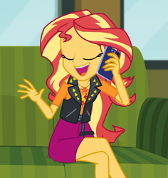 Size: 717x760 | Tagged: safe, screencap, sunset shimmer, better together, equestria girls, text support, text support: sunset shimmer, adorasexy, cellphone, cropped, crossed legs, cute, female, geode of empathy, legs, magical geodes, phone, sexy, shimmerbetes, sitting, smartphone, sofa, solo, talking