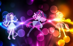 Size: 1920x1200 | Tagged: safe, artist:whalepornoz, editor:axal-5, sci-twi, starlight glimmer, sunset shimmer, twilight sparkle, better together, equestria girls, forgotten friendship, boots, clothes, colorful, dress, feet, female, gloves, magical trio, ponied up, sailor mercury pose, sandals, scitwilicorn, shoes, trio, trio female, vector, wallpaper, wings