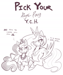 Size: 2000x2380 | Tagged: safe, artist:bluntwhiskey, princess celestia, princess luna, alicorn, pony, auction, monochrome