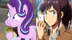 Size: 1200x675 | Tagged: safe, artist:dwk, screencap, starlight glimmer, pony, unicorn, road to friendship, attack on titan, aweeg*, eating, falafel, female, food, frown, hoof hold, looking at you, mare, potato, puffy cheeks, sasha braus, sweat, sweatdrop, wide eyes