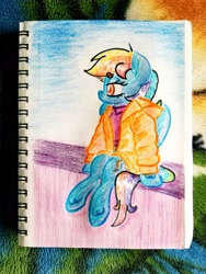 Size: 2797x3729 | Tagged: safe, artist:shoeunit, derpibooru import, rainbow dash, pegasus, pony, clothes, coat, colored pencil drawing, female, mare, sitting, sketchbook, solo, traditional art