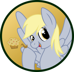 Size: 904x884 | Tagged: safe, artist:koonzypony, derpy hooves, pegasus, pony, button, female, food, mare, muffin, pin, solo