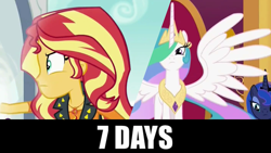 Size: 1920x1080 | Tagged: safe, edit, edited screencap, screencap, princess celestia, princess luna, sunset shimmer, alicorn, pony, equestria girls, equestria girls series, forgotten friendship, 7 days, angry, caption, captions, cloud, countdown, crown, geode of empathy, it's happening, jewelry, meme, portal, princess, regalia, royal sisters, royalty, the ring, throne, throne room