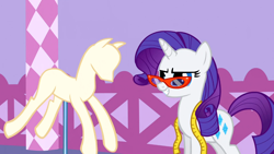 Size: 1366x768 | Tagged: safe, screencap, rarity, pony, unicorn, suited for success, female, horn, mare, purple mane, solo, white coat