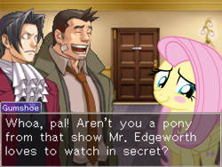 Size: 1024x768 | Tagged: safe, fluttershy, pegasus, pony, ace attorney, ace attorney investigations, blushing, closet brony, crossover, dialogue, dick gumshoe, miles edgeworth